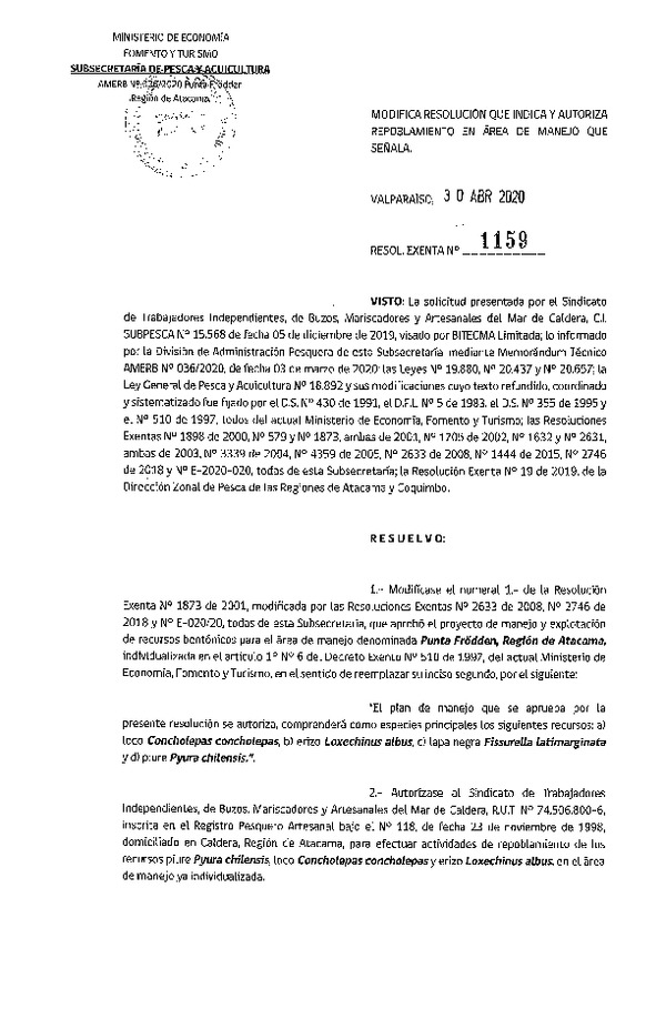 Res Ex N° 1159-2020 Modifica Resolución que Indica. Autoriza Repoblamiento. (Publicado en Página Web 05-05-2020)