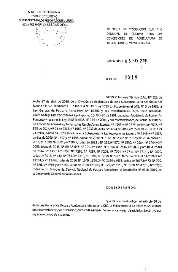 Res. Ex. N° 1218-2020 Modifica Res. Ex. N° 178-2020 Fija Densidad de Cultivo para las Concesiones de Acuicultura de Titularidad Mowi Chile S.A. (Con Informe Técnico) (Publicado en Página Web 07-05-2020)