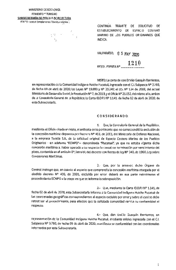 Res. Ex. N° 1210-2020 Continua trámite de solicitud de ECMPO Pucatué. (Publicado en Página Web 07-05-2020)