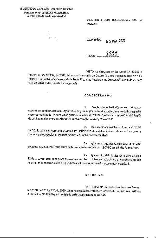 Res. Ex. N° 1211-2020 Deja sin efecto Resoluciones N° 2148-2019 y N° 330-2020. (Publicado en Página Web 07-05-2020)