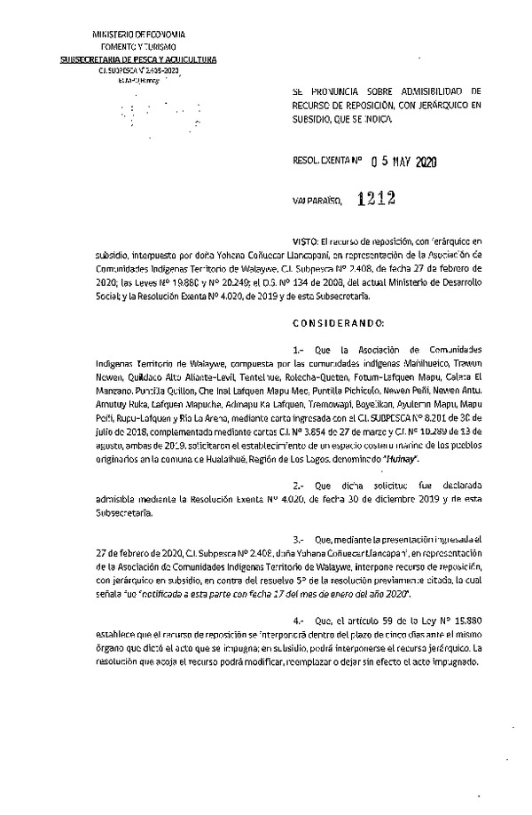 Res. Ex. N° 1212-2020 Se pronuncia sobre admisibilidad de recuso de reposición, con recurso jerárquico en subsidio que se indica. (Publicado en Página Web 07-05-2020)