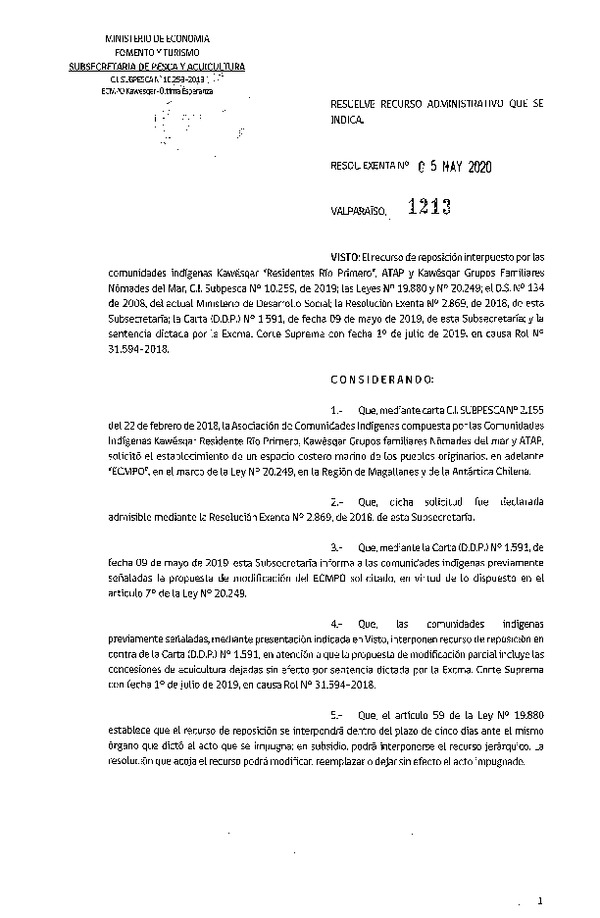 Res. Ex. N° 1213-2020 Resuelve recurso administrativo que se indica. (Publicado en Página Web 07-05-2020)