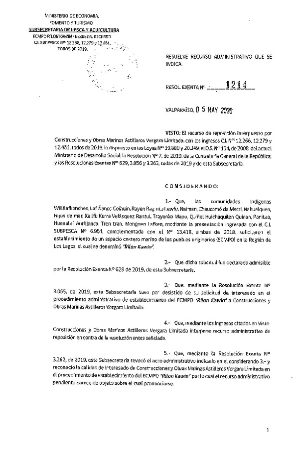 Res. Ex. N° 1214-2020 Resuelve recurso administrativo que se indica. (Publicado en Página Web 07-05-2020)