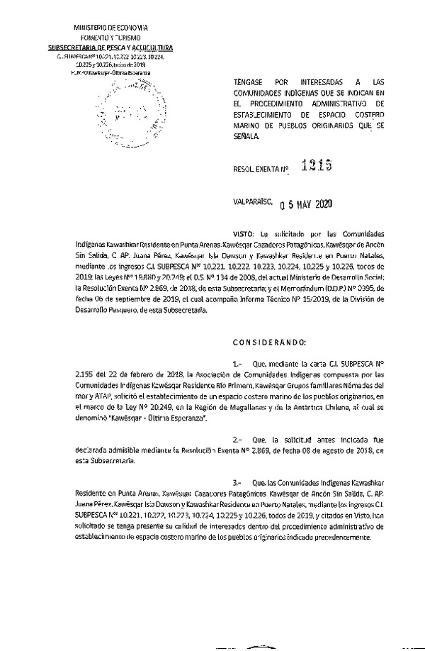 Res. Ex. N° 1215-2020 Téngase por interesada a las comunidades indígenas que se indican en el procedimiento administrativo de establecimiento de ECMPO que se señala. (Publicado en Página Web 07-05-2020)