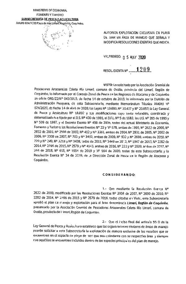 Res. Ex. N° 1209-2020 Autoriza explotación exclusiva en playa de mar y modifica Resolución que indica. (Publicado en Página Web 07-05-2020)