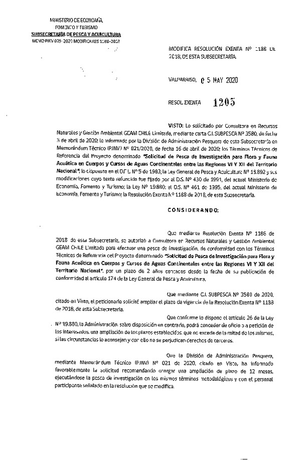 Res. Ex. N° 1205-2020 Modifica Res. Ex. N° 1188-2018.(Publicado en Página Web 07-05-2020)