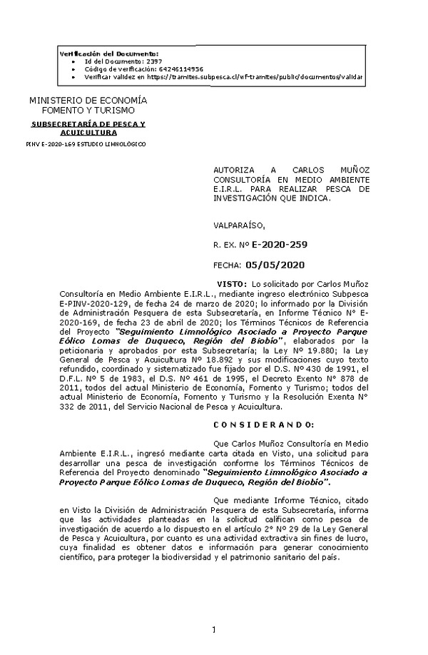 R. EX. Nº E-2020-259 Seguimiento Limnológico Asociado a Proyecto Parque Eólico Lomas de Duqueco, Región del Biobío. (Publicado en Página Web 07-05-2020)