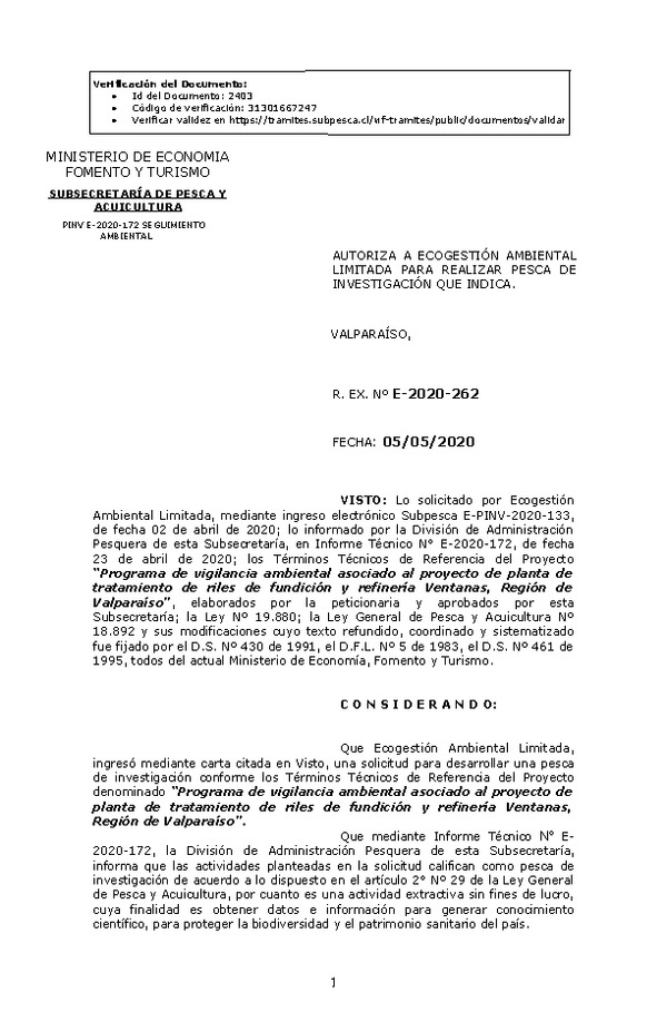 R. EX. Nº E-2020-262 Programa de vigilancia ambiental asociado al proyecto de planta de tratamiento de riles de fundición y refinería Ventanas, Región de Valparaíso. (Publicado en Página Web 07-05-2020)