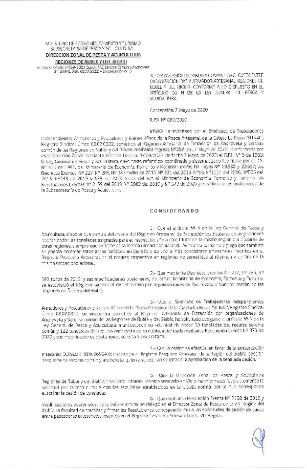 Res Ex N° 0069-2020, (DZP VIII), Autoriza cesión Sardina Común y Anchoveta Región de Ñuble-Biobío (Publicado en Página Web 08-05-2020)