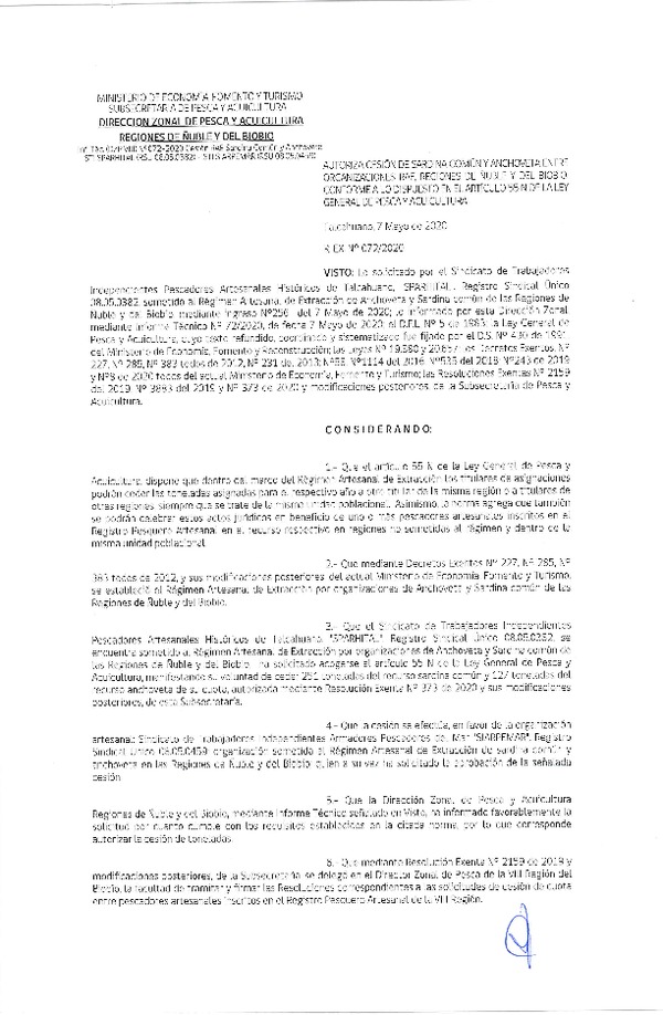 Res Ex N° 0072-2020, (DZP VIII), Autoriza cesión Sardina Común y Anchoveta Región de Ñuble-Biobío (Publicado en Página Web 08-05-2020)