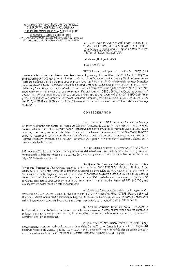Res Ex N° 0073-2020, (DZP VIII), Autoriza cesión Sardina Común y Anchoveta Región de Ñuble-Biobío (Publicado en Página Web 08-05-2020)