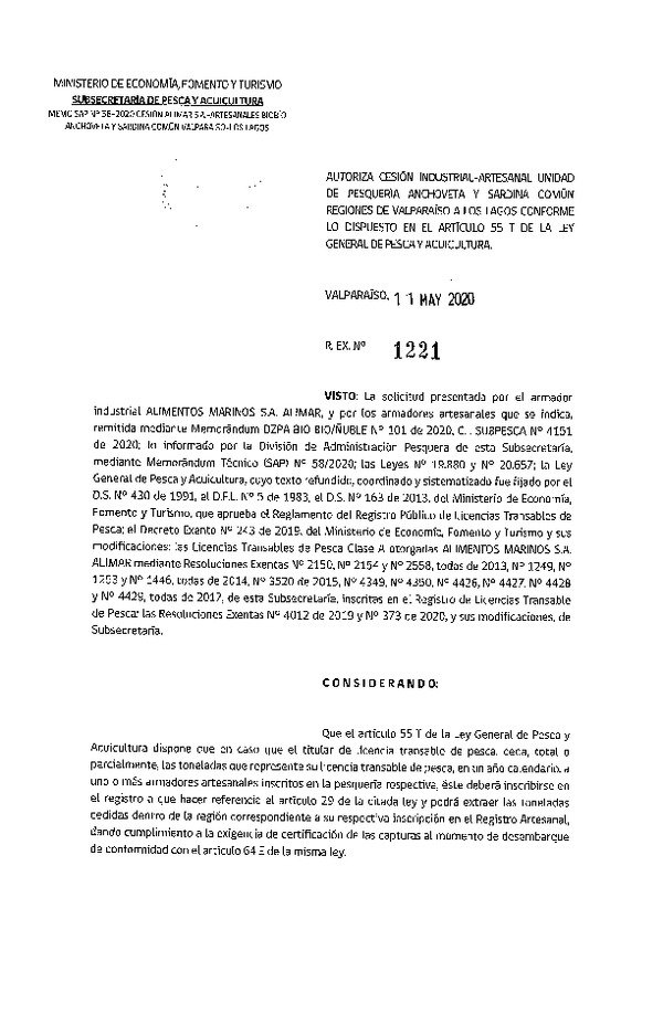 Res. Ex N° 1221-2020, Autoriza Cesión anchoveta y sardina común Regiones Valparaíso-Los Lagos (Publicado en Página Web 11-05-2020).