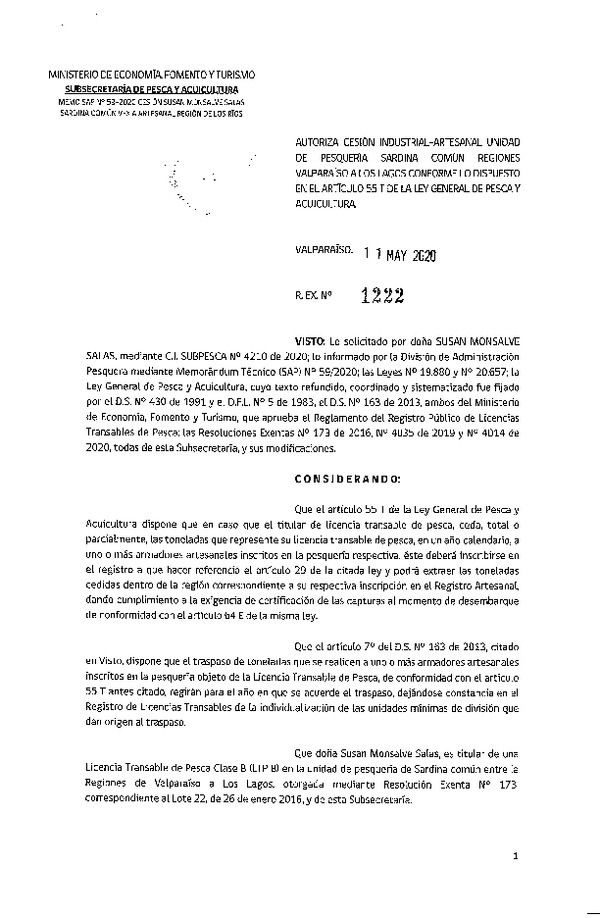 Res. Ex N° 1222-2020, Autoriza Cesión anchoveta y sardina común Regiones Valparaíso-Los Lagos (Publicado en Página Web 11-05-2020).