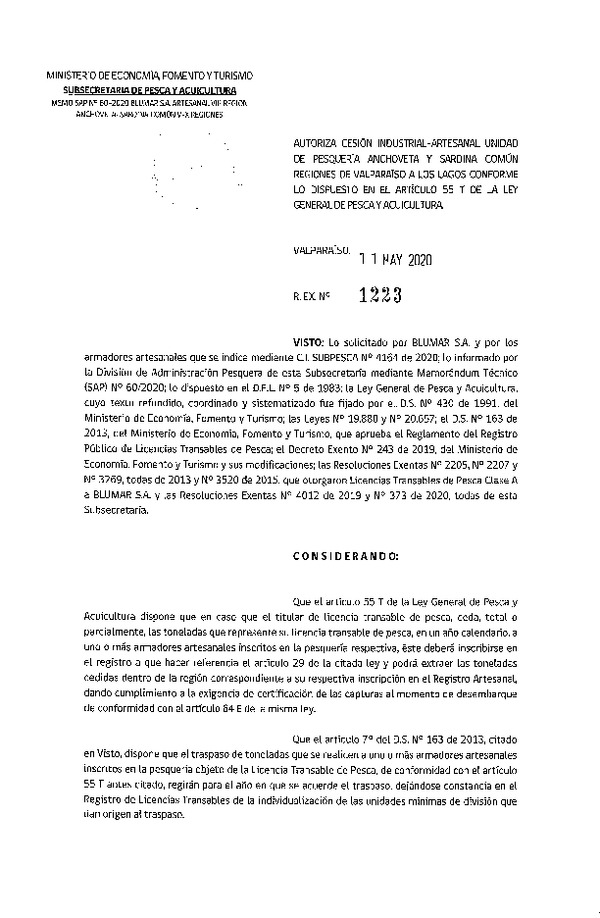 Res. Ex N° 1223-2020, Autoriza Cesión anchoveta y sardina común Regiones Valparaíso-Los Lagos (Publicado en Página Web 11-05-2020).