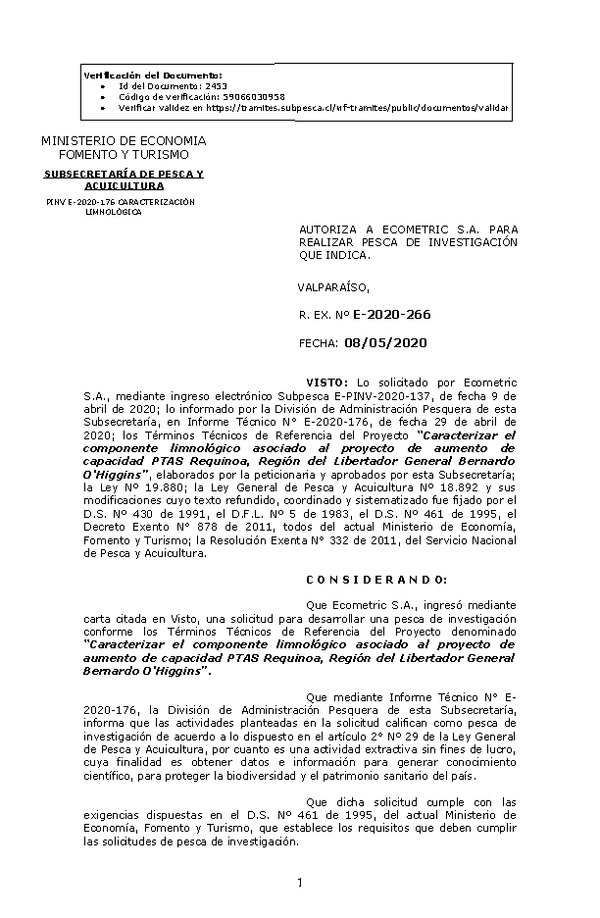 R. EX. Nº E-2020-266 Caracterizar el componente limnológico asociado al proyecto de aumento de capacidad PTAS Requinoa, Región del Libertador General Bernardo O'Higgins. (Publicado en Página Web 12-05-2020)