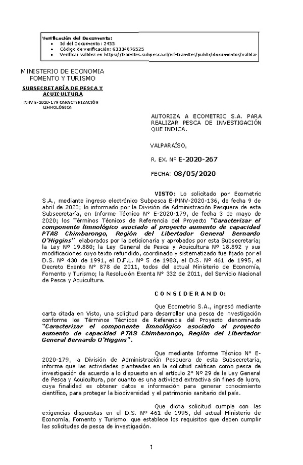 R. EX. Nº E-2020-267 Caracterizar el componente limnológico asociado al proyecto aumento de capacidad PTAS Chimbarongo, Región del Libertador General Bernardo O'Higgins. (Publicado en Página Web 12-05-2020)