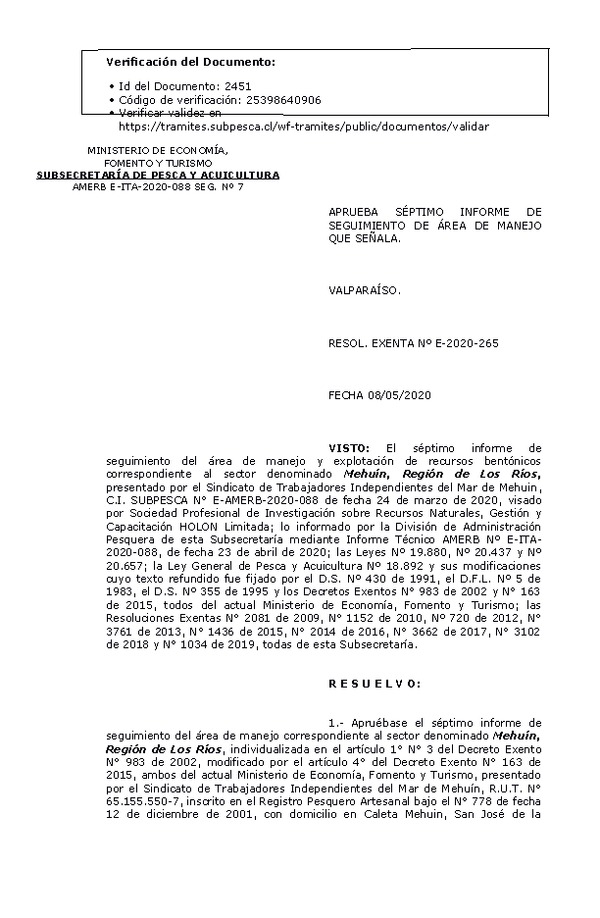 RESOL. EXENTA Nº E-2020-265  7° Seguimiento. (Publicado en Página Web 12-05-2020)
