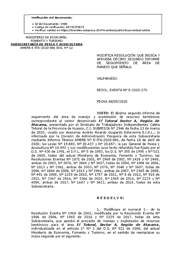 RESOL. EXENTA Nº E-2020-270  Modifica Resolución que Indica. Aprueba 12° Seguimiento. (Publicado en Página Web 12-05-2020)