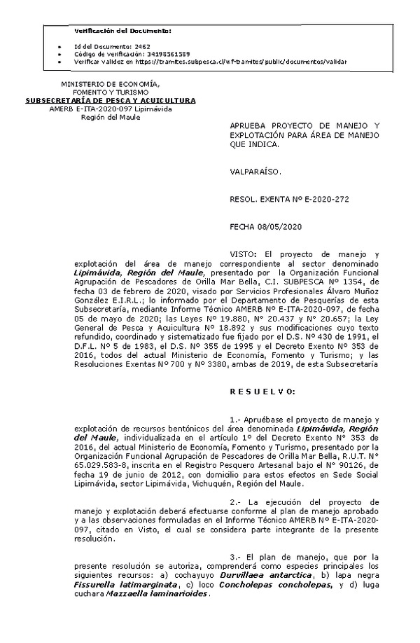 RESOL. EXENTA Nº E-2020-272  Proyecto de Manejo. (Publicado en Página Web 12-05-2020)