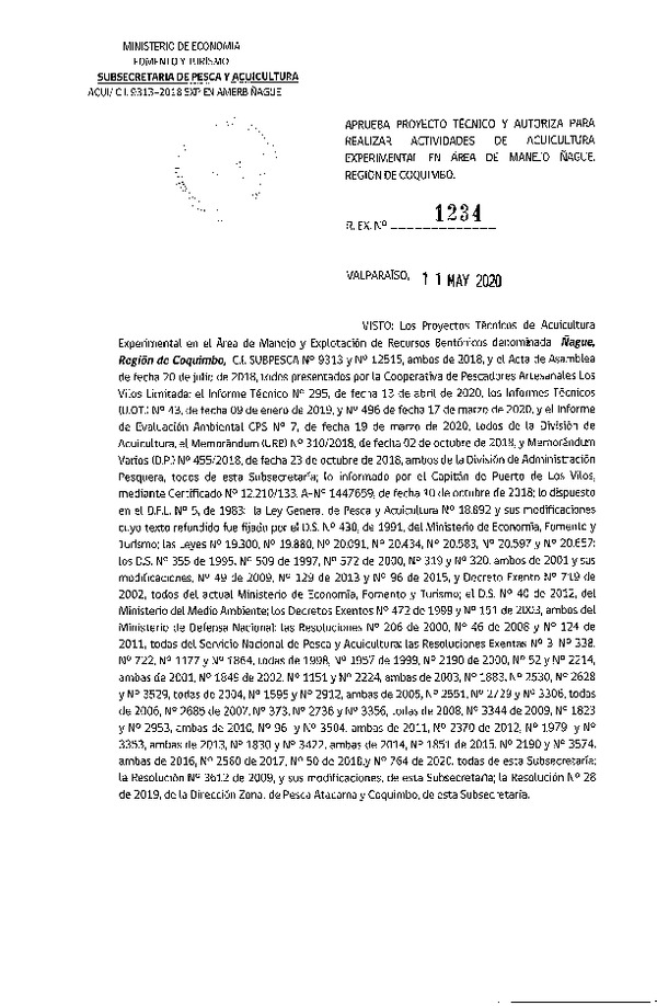 Res. Ex N° 1234-2020 Aprueba proyecto técnico y autoriza para realizar actividades de acuicultura experimental en Área de manejo Ñague, Región de Coquimbo. (Publicado en Página Web 12-05-2020).