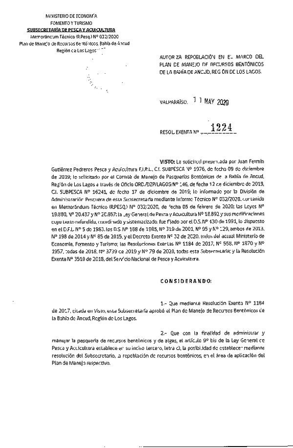 Res. Ex N° 1224-2020 Autoriza Repoblación en el Marco del Plan de Manejo de Recursos Bentónicos de la Bahía de Ancud, Región de Los Lagos. (Publicado en Página Web 12-05-2020).