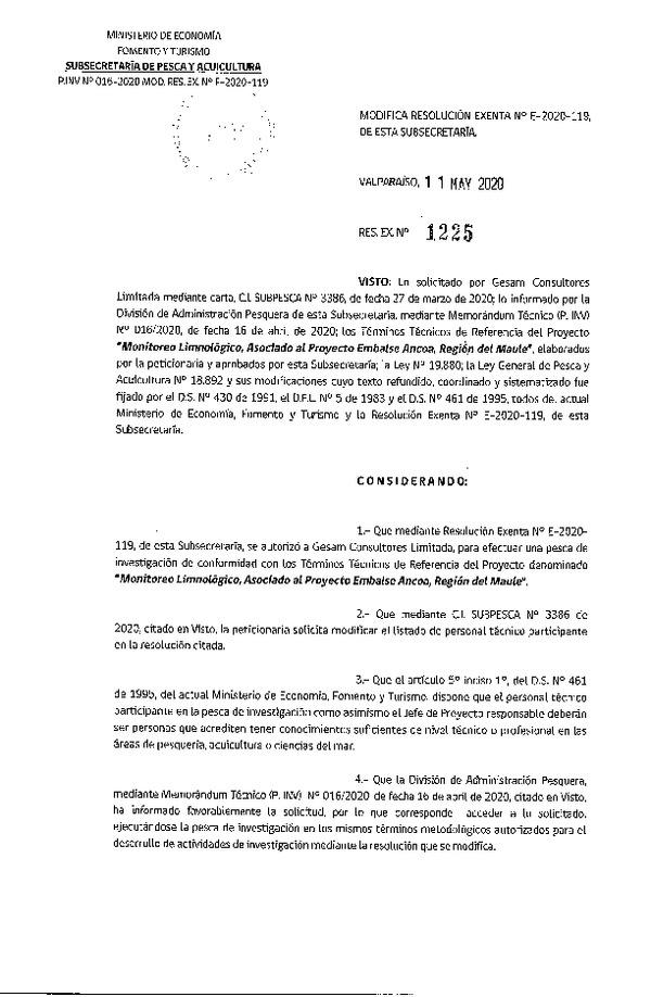 Res. Ex. N° 1225-2020 Modifica R. EX. Nº E-2020-119. (Publicado en Página Web 12-05-2020).