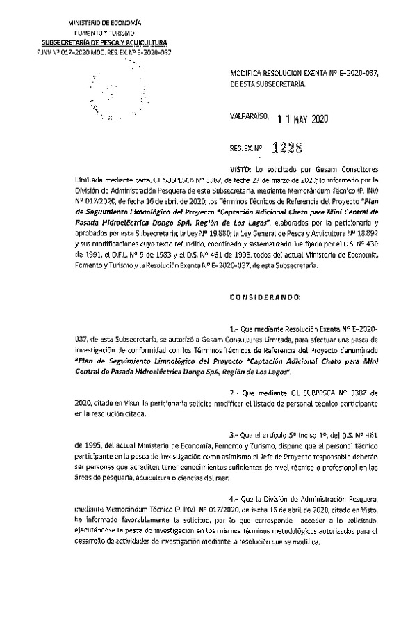 Res. Ex. N° 1228-2020 Modifica R. EX. Nº E-2020-037. (Publicado en Página Web 12-05-2020).