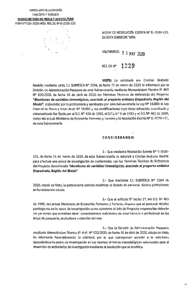 Res. Ex. N° 1229-2020 Modifica R. EX. Nº E-2020-121. (Publicado en Página Web 12-05-2020).