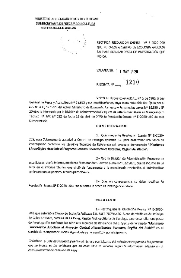 Res. Ex. N° 1230-2020 Rectifica R. EX. Nº E-2020-209. (Publicado en Página Web 12-05-2020).