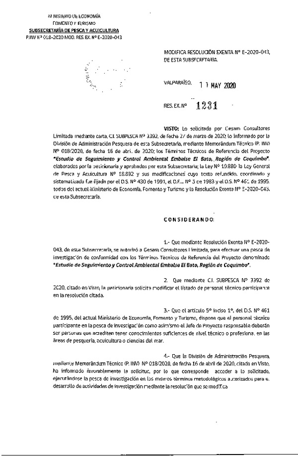 Res. Ex. N° 1231-2020 Modifica R. EX. Nº E-2020-043. (Publicado en Página Web 12-05-2020).