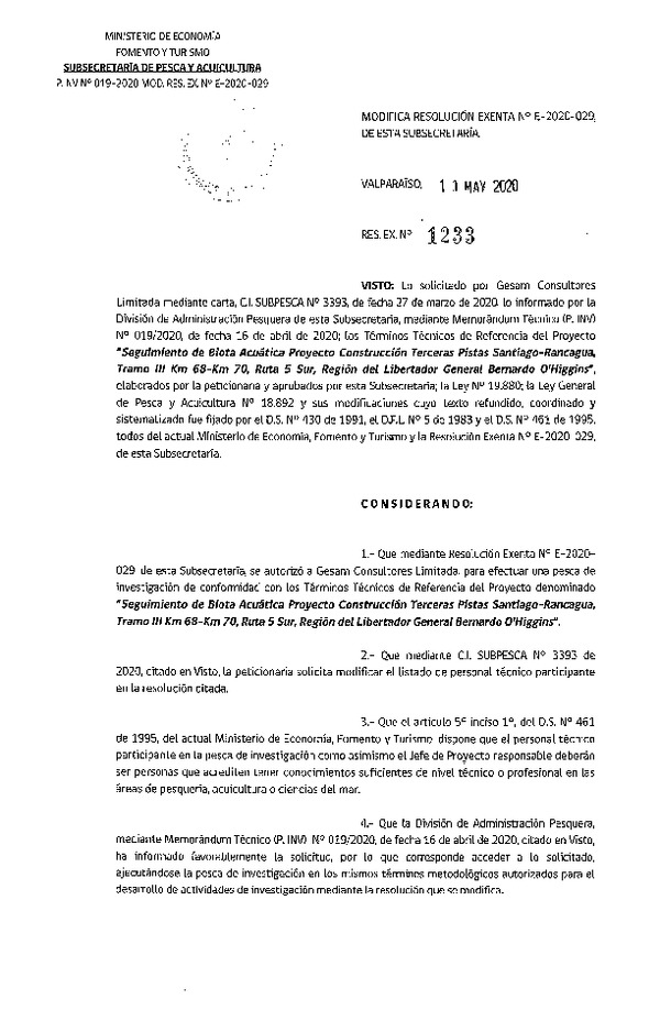 Res. Ex. N° 1233-2020 Modifica R. EX. Nº E-2020-029. (Publicado en Página Web 12-05-2020).