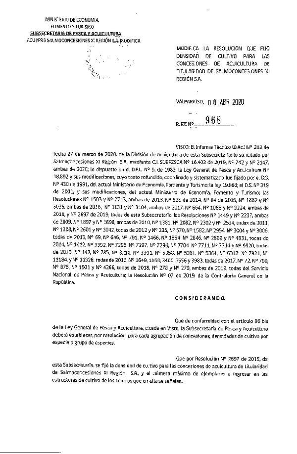 Res. Ex. N° 968-2020 Modifica Res. Ex. N° 2697-2019 Fija Densidad de Cultivo para la Concesiones de Salmoconcesiones XI Región S.A. (Con Informe Técnico)