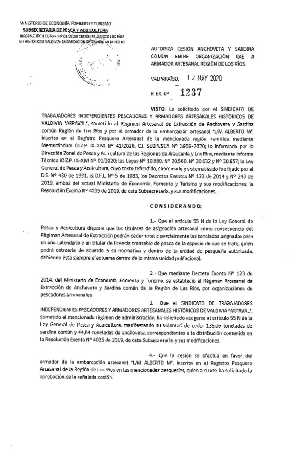 Res. Ex. N° 1237-2020 Autoriza cesión Anchoveta y Sardina común Región de Los Ríos. (Publicado en Página Web 12-05-2020)