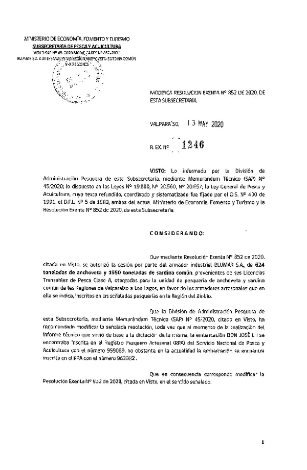 Res. Ex. N° 1246-2020 Modifica Res. Ex N° 852-2020, Autoriza Cesión anchoveta y sardina común Regiones Valparaíso-Los Lagos (Publicado en Página Web 14-05-2020).