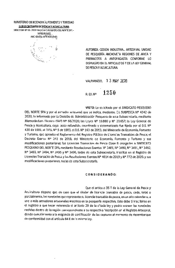 Res. Ex. N° 1250-2020 Autoriza Cesión anchoveta y sardina común Regiones de Arica y Parinacota a Antofagasta (Publicado en Página Web 14-05-2020).