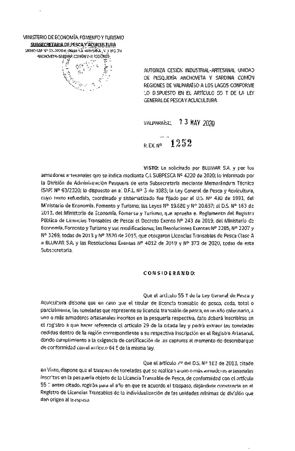 Res. Ex. N° 1252-2020 Autoriza Cesión anchoveta y sardina común Regiones Valparaíso-Los Lagos (Publicado en Página Web 14-05-2020).