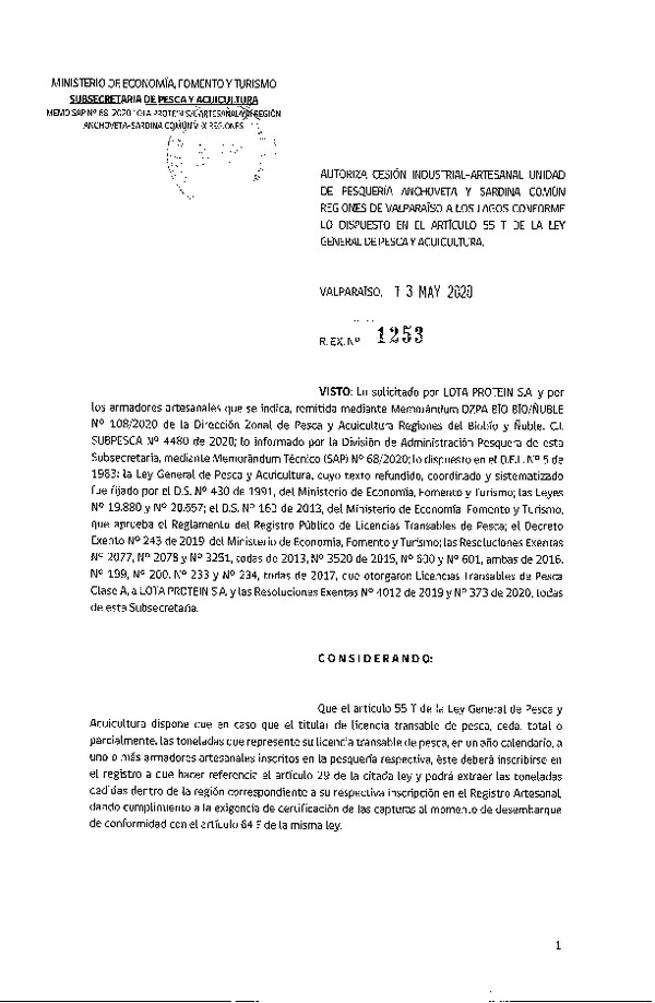 Res. Ex. N° 1253-2020 Autoriza Cesión anchoveta y sardina común Regiones Valparaíso-Los Lagos (Publicado en Página Web 14-05-2020).