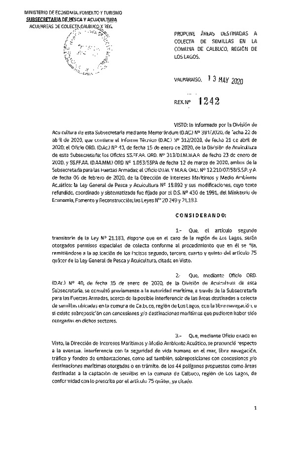 Res, Ex. N° 1242-2020 Propone Áreas Destinadas a Colecta de Semillas en la Comuna de Calbuco, Región de Los Lagos. (Publicado en Página Web 14-05-2020)