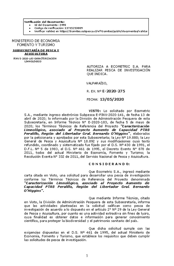 R. EX. Nº E-2020-275 Caracterización Limnológico, asociado al Proyecto Aumento de Capacidad PTAS Peralillo, Región del Libertador Gral. Bernardo O'Higgins. (Publicado en Página Web 14-05-2020)