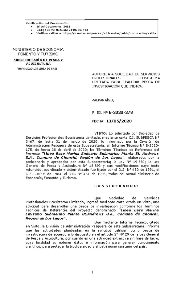 R. EX. Nº E-2020-278 Línea Base Marina Emisario Submarino Planta St. Andrews S.A., Comuna de Chonchi, Región de Los Lagos. (Publicado en Página Web 14-05-2020)