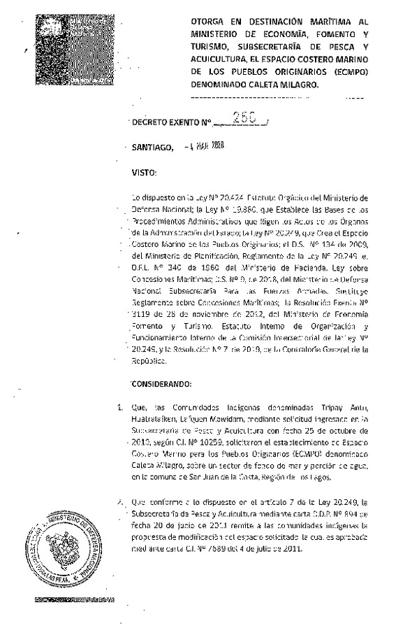 Decreto de regulación marina Caleta Milagro