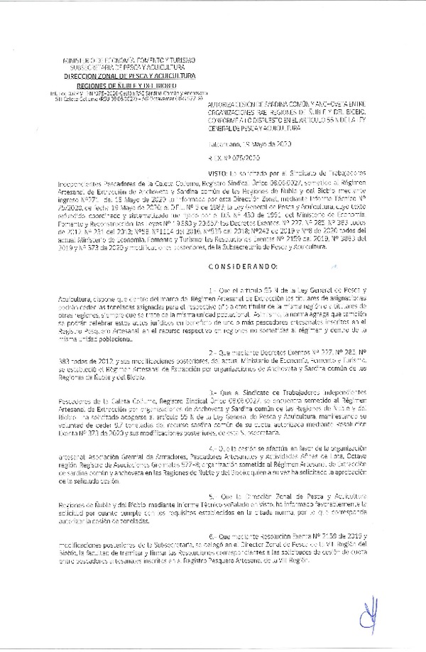 Res Ex N° 0075-2020, (DZP VIII), Autoriza cesión Sardina Común y Anchoveta Región de Ñuble-Biobío (Publicado en Página Web 19-05-2020)