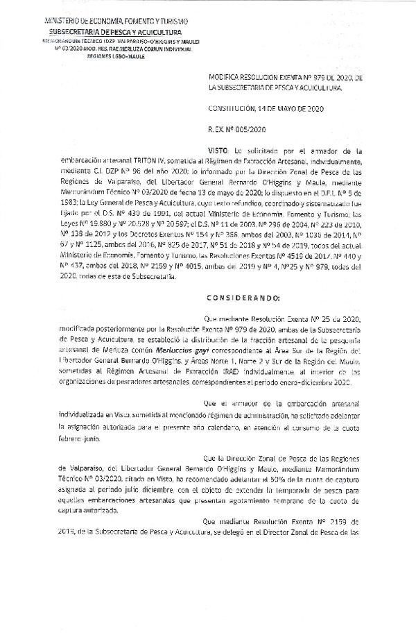 Res. Ex. N° 05-2020 (DZP Valparaíso-O'Higgins y Maule) Modifica  Res. Ex. N° 979-2020 Distribución de la Fracción Artesanal de Pesquería de Merluza común Individual, Regiones del Libertador General Bernardo O’Higgins y del Maule. (Publicado en Página Web 19-05-2020)