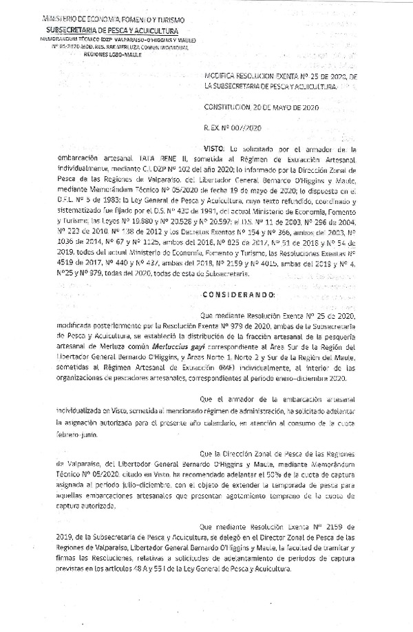 Res. Ex. N° 07-2020 (DZP Valparaíso-O'Higgins y Maule) Modifica Res. Ex. N° 25-2020 Distribución de la Fracción Artesanal de Pesquería de Merluza común Individual, Regiones del Libertador General Bernardo O’ Higgins y del Maule. (Publicado en Página Web 20-05-2020)