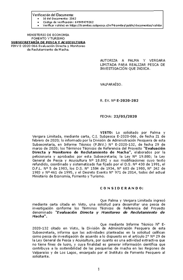 R. EX. Nº E-2020-282 Evaluación Directa y Monitoreo de Reclutamiento de Macha. (Publicado en Página Web 25-05-2020)