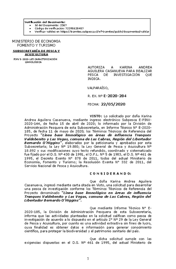 R. EX. Nº E-2020-284 Línea base limnológico en áreas de influencia Tranques Valdebenito y Las Vegas, comuna de Las Cabras, Región del Libertador Bernardo O’Higgins. (Publicado en Página Web 25-05-2020)