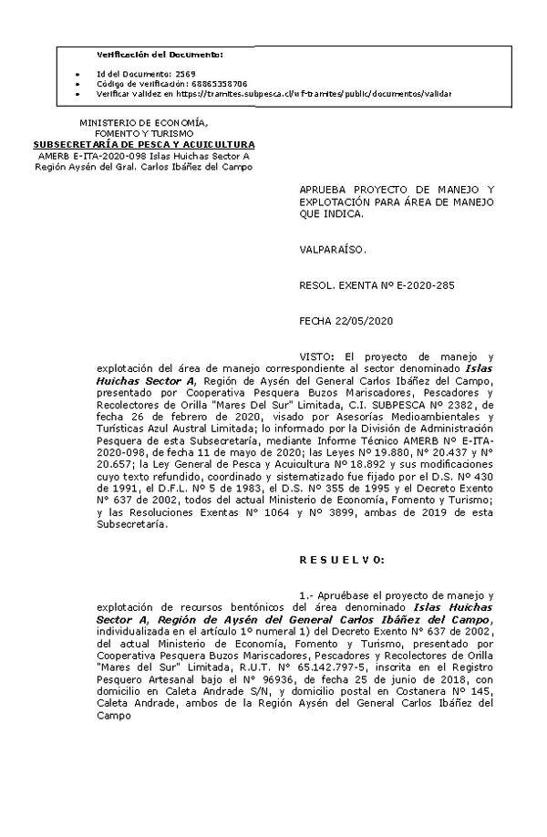 RESOL. EXENTA Nº E-2020-285 Aprueba Plan de Manejo. (Publicado en Página Web 25-05-2020)