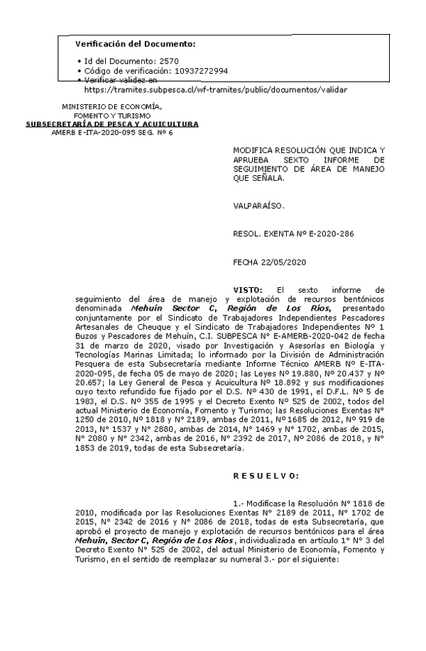 RESOL. EXENTA Nº E-2020-286 Modifica Resolución que Indica. Aprueba 6° Seguimiento. (Publicado en Página Web 25-05-2020)