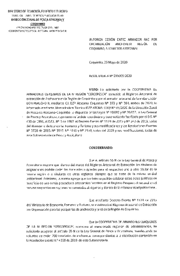 Res. Ex. N° 009-2020 (DZP Atacama y Coquimbo) Autoriza Cesión Anchoveta. (Publicado en Página Web 27-05-2020)