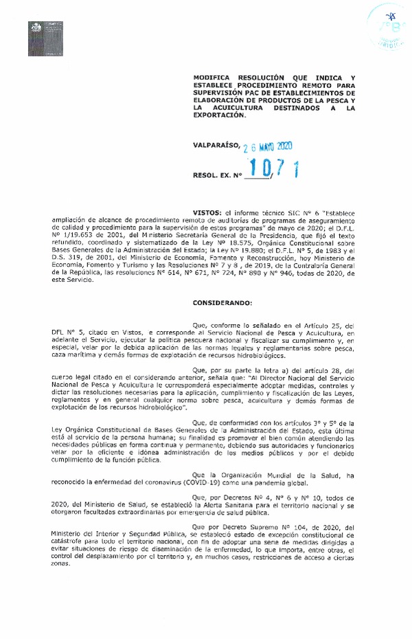 Res. Ex. N° 1071-2020 (Sernapesca) Modifica Res. Ex. N° 724-2020 (Sernapesca) y Establece Procedimiento que Señala. (Publicado en Página Web 27-05-2020)